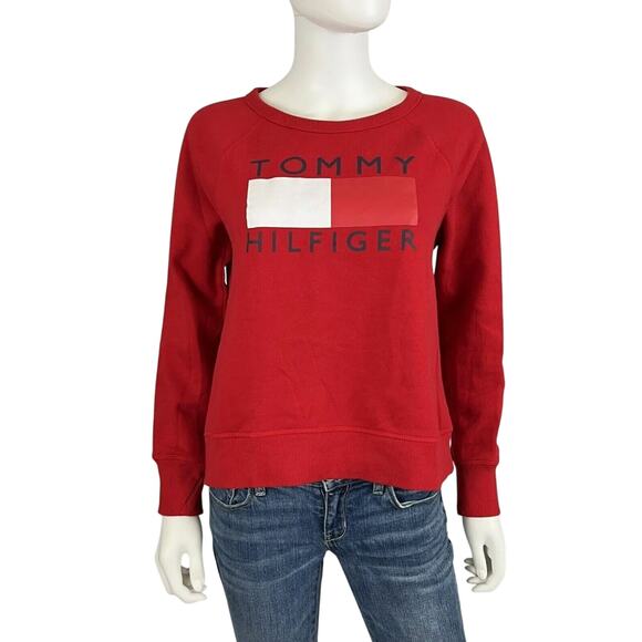 Tommy Hilfiger Sport Red Round Neck Big Logo Sweatshirt Thumbhole Sleeves XL - Picture 1 of 13